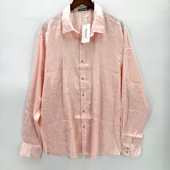 Zeroyaa Shirt Mens Button Down Long Sleeve Lightweight Leaves Pattern Pink XL - Picture 1 of 9